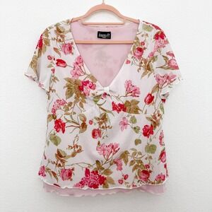 Y2K Womens Babydoll Top Size L Pink Floral Mesh Romantic Coquette Cottage‎ Fairy